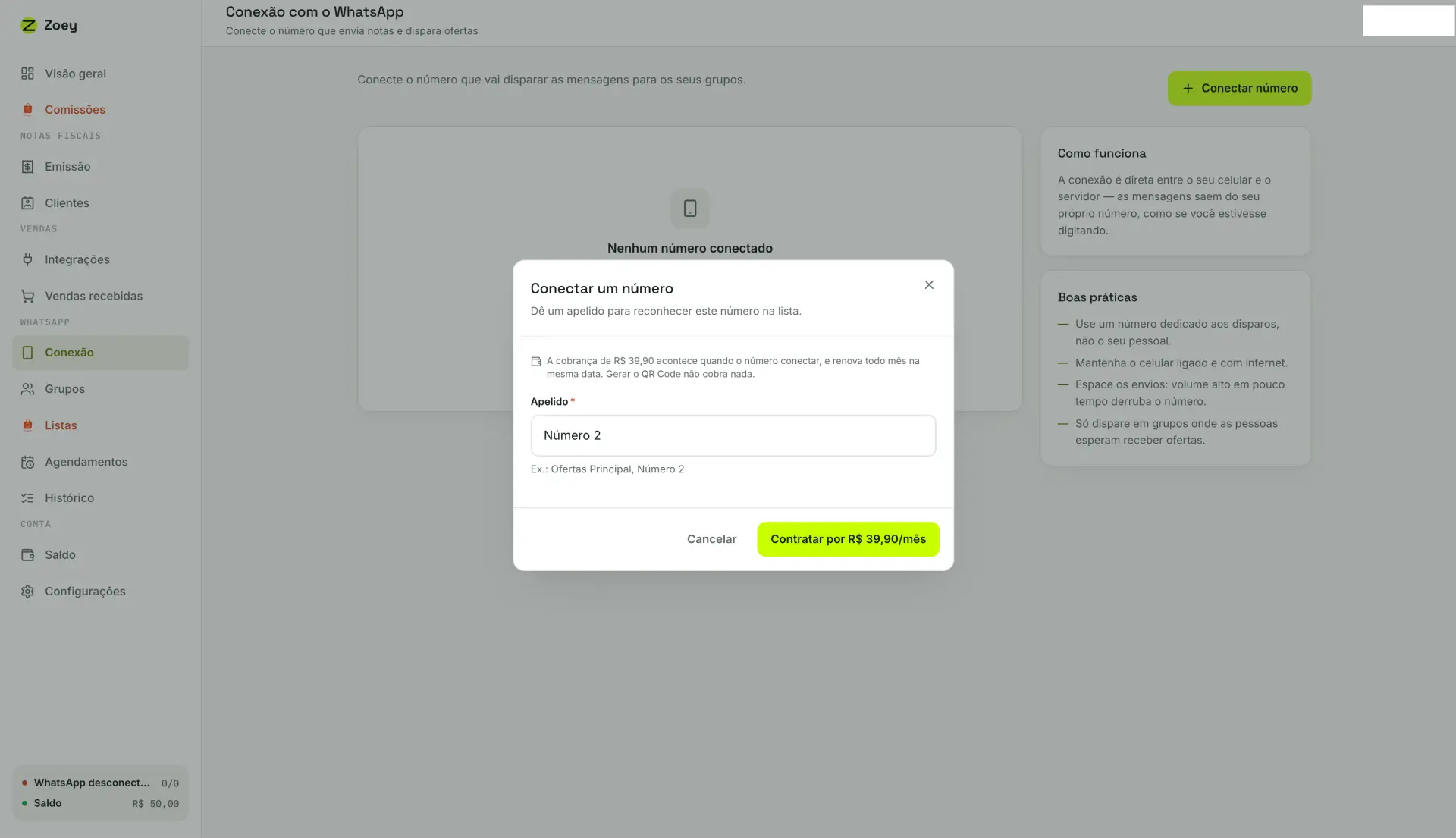 Janela Conectar um número com o campo de apelido preenchido e o botão de contratação mensal.