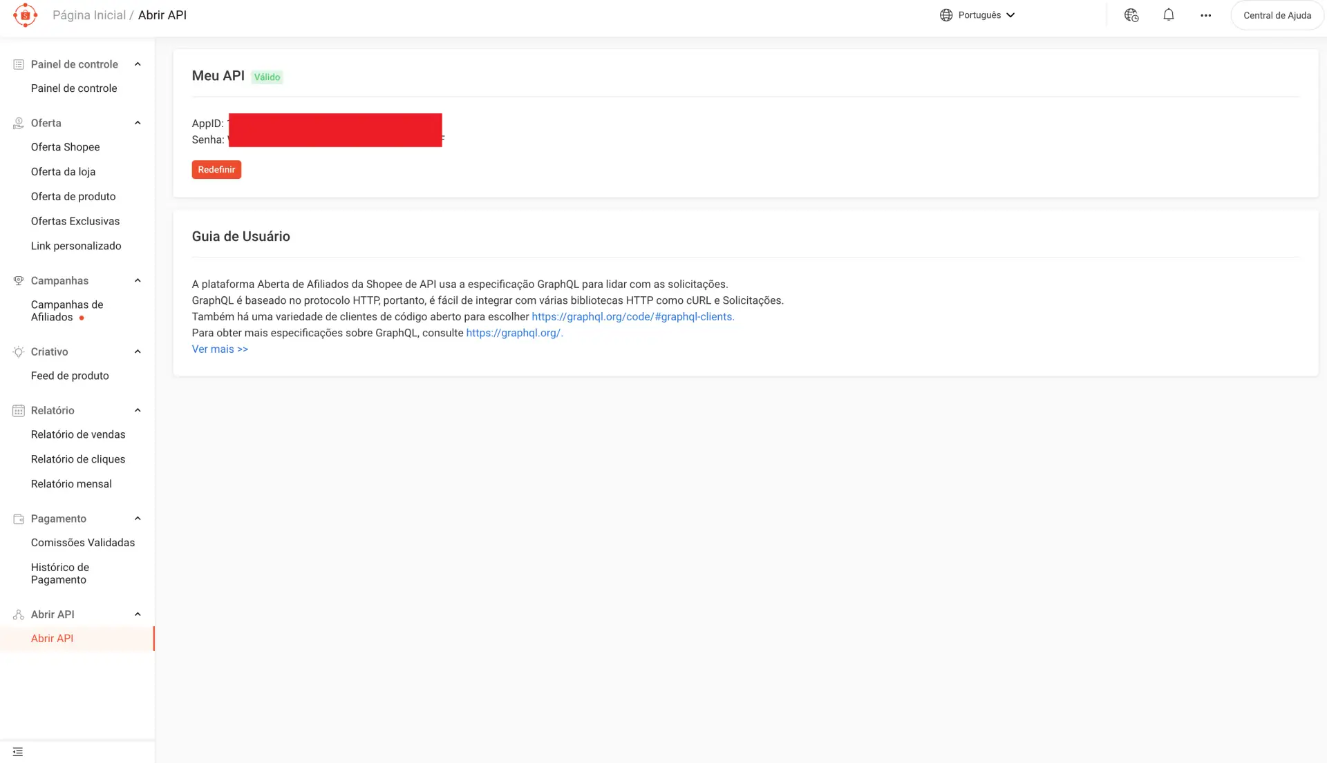 Painel de Afiliados da Shopee na seção Abrir API, mostrando o bloco Meu API com AppID e senha ocultos.