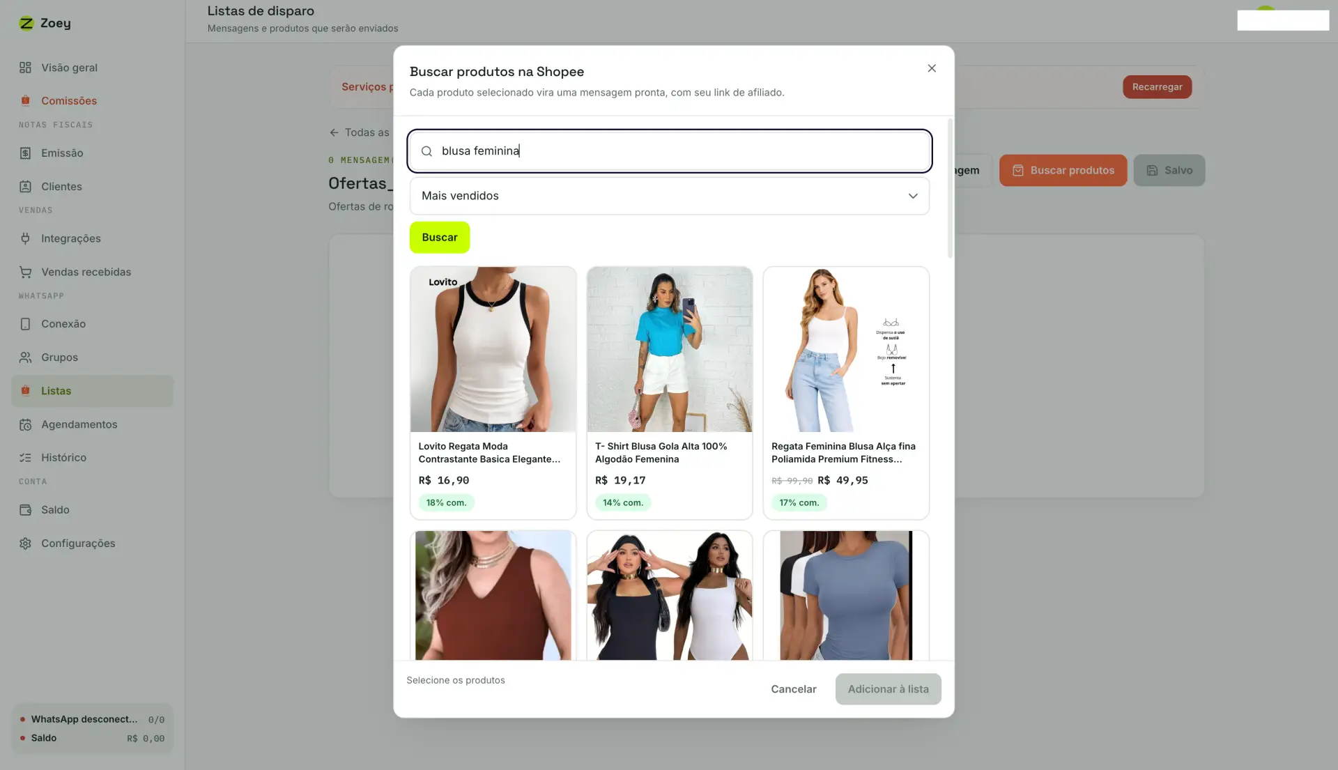 Janela Buscar produtos na Shopee com resultados em grade, preços e percentual de comissão de cada item.